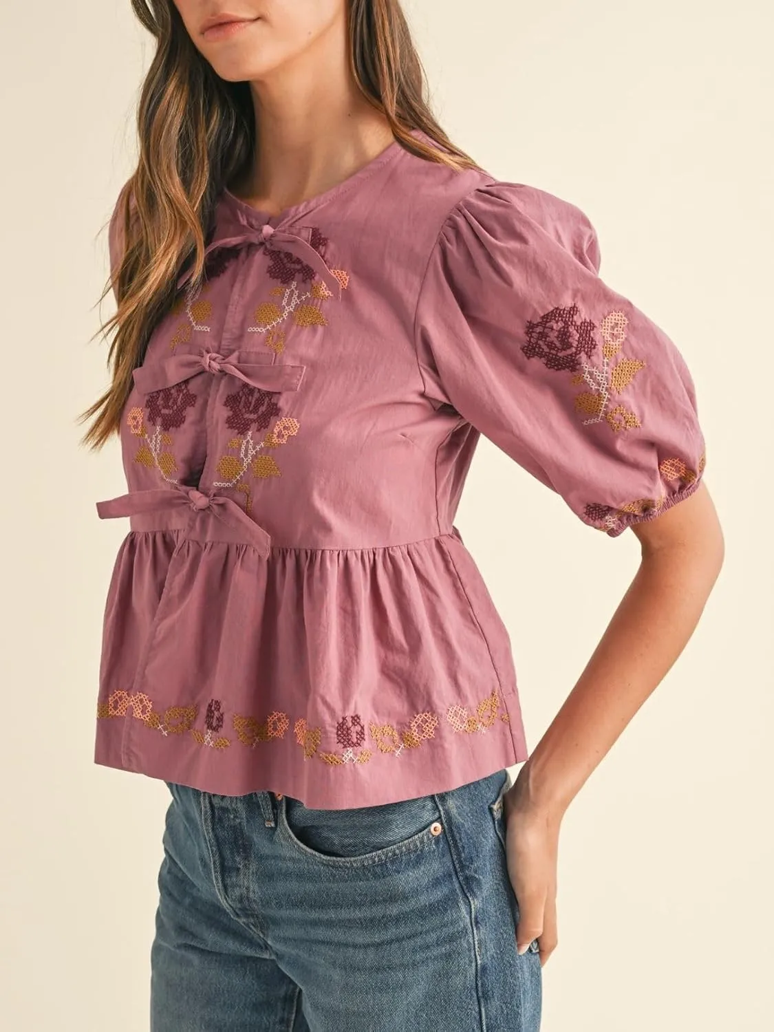 Womens Short Puff Sleeve Floral Embroidery Poplin Front Self Tie Detail Peplum Top Blouse