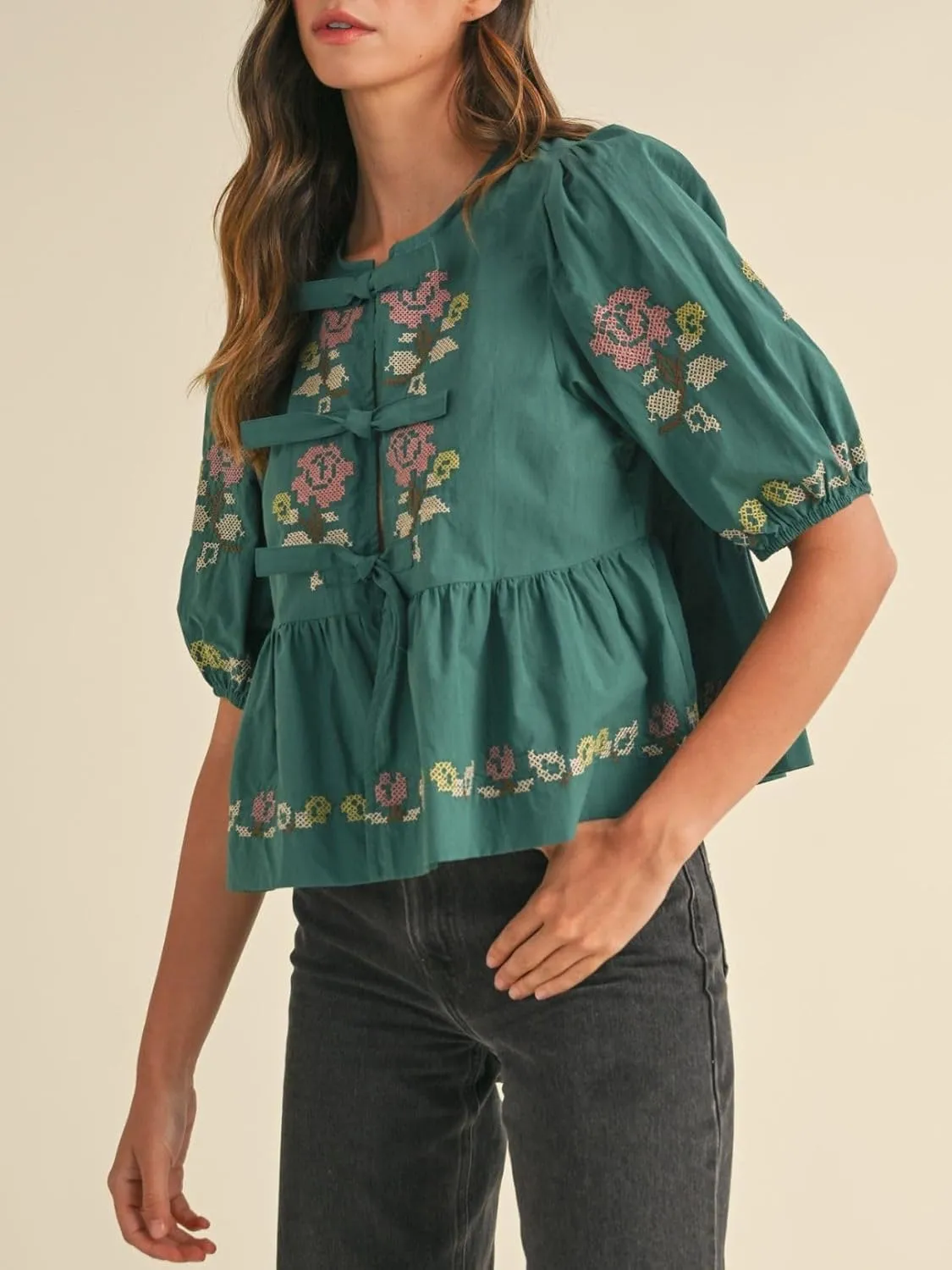 Womens Short Puff Sleeve Floral Embroidery Poplin Front Self Tie Detail Peplum Top Blouse