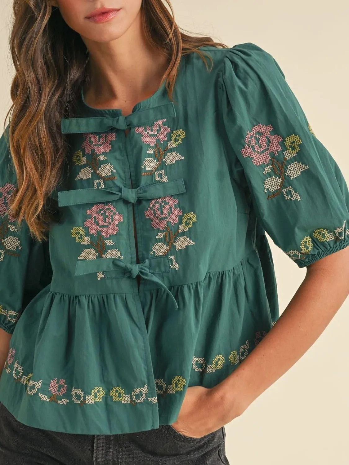 Womens Short Puff Sleeve Floral Embroidery Poplin Front Self Tie Detail Peplum Top Blouse