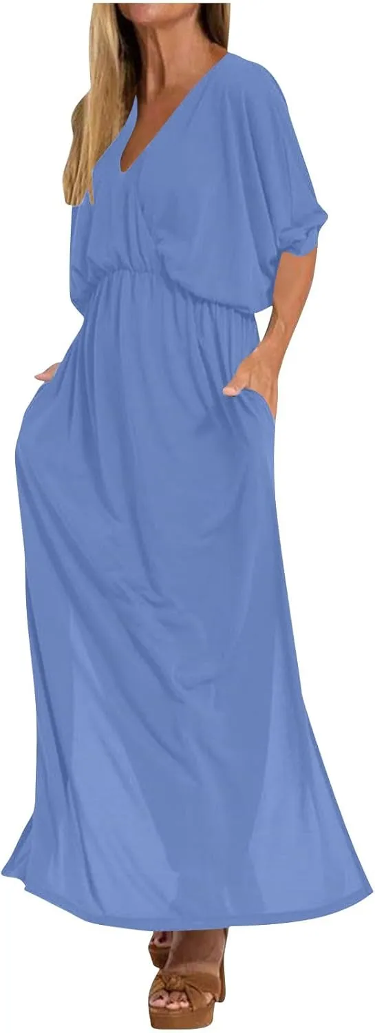 Women's Summer 3/4 Sleeve Maxi Dress Casual High Waist Side Split Wrap V Neck Beach Party Long Dresses with Pockets