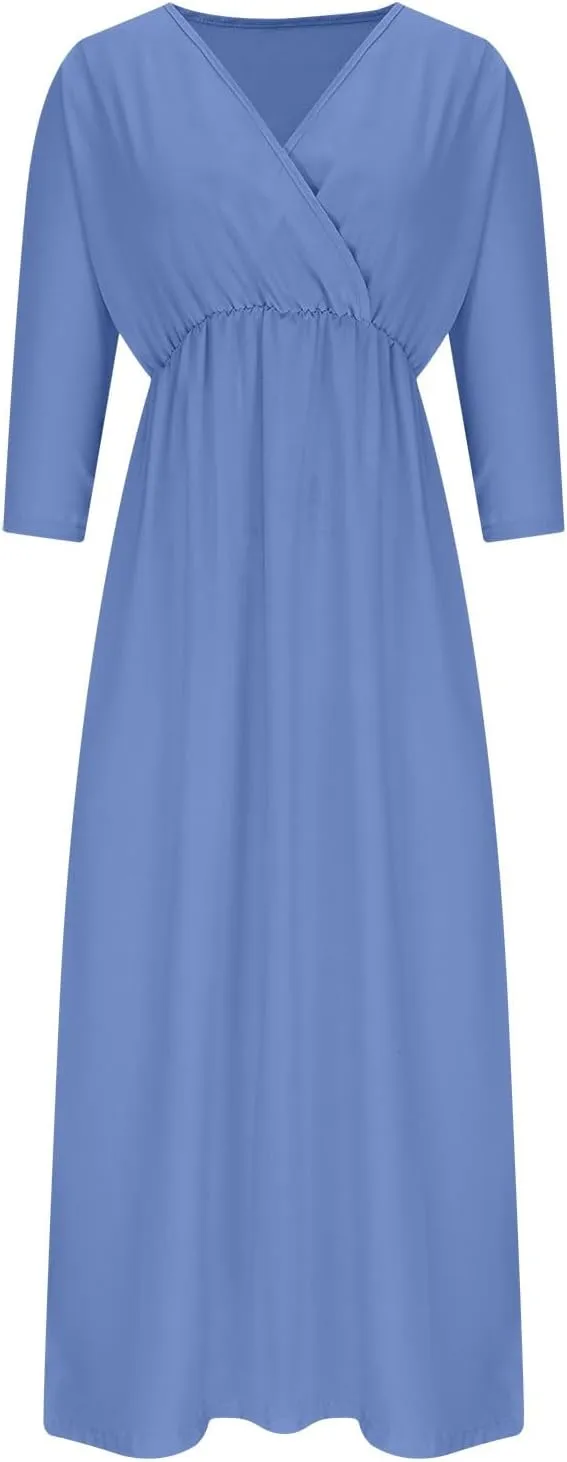 Women's Summer 3/4 Sleeve Maxi Dress Casual High Waist Side Split Wrap V Neck Beach Party Long Dresses with Pockets