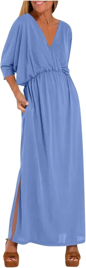 Women's Summer 3/4 Sleeve Maxi Dress Casual High Waist Side Split Wrap V Neck Beach Party Long Dresses with Pockets