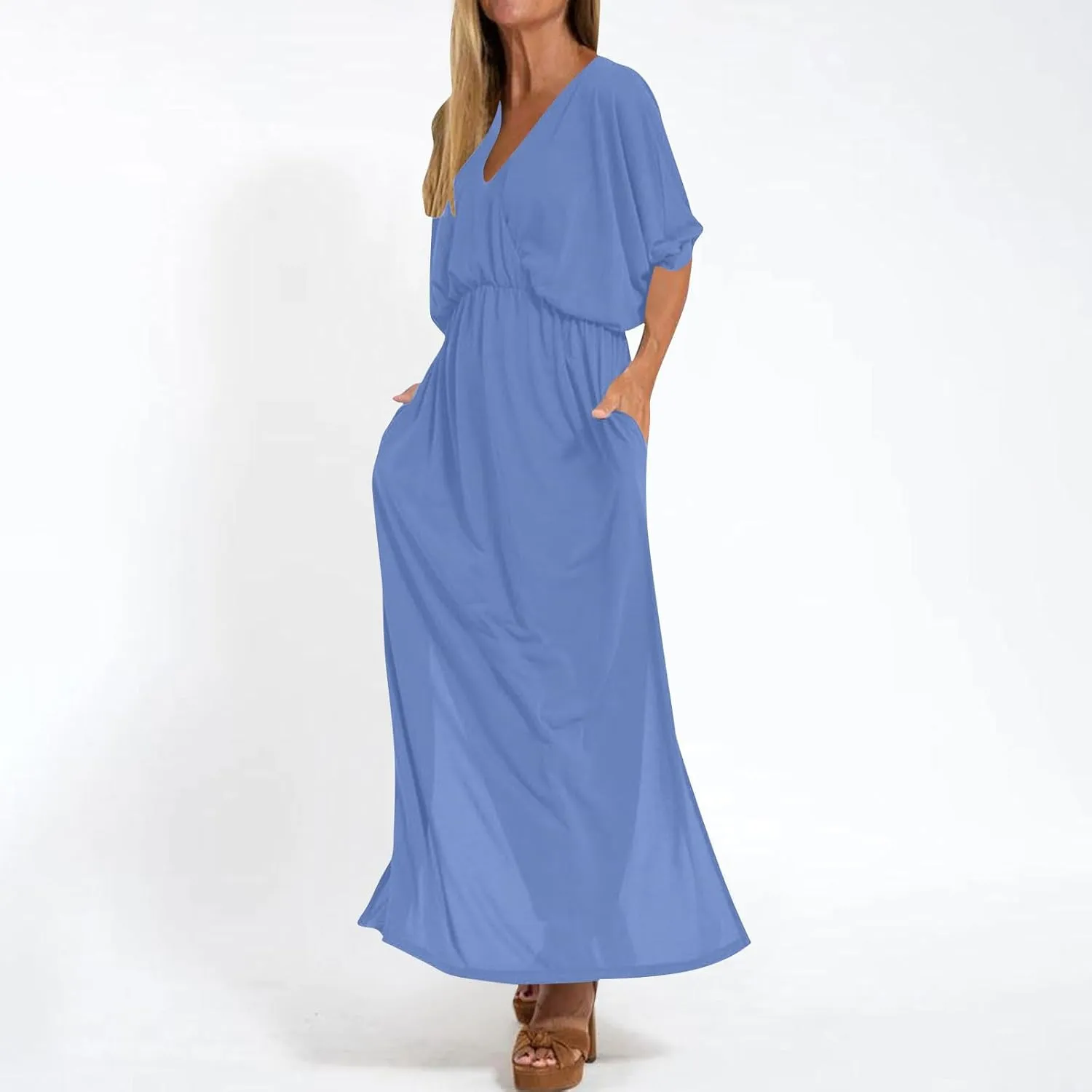 Women's Summer 3/4 Sleeve Maxi Dress Casual High Waist Side Split Wrap V Neck Beach Party Long Dresses with Pockets