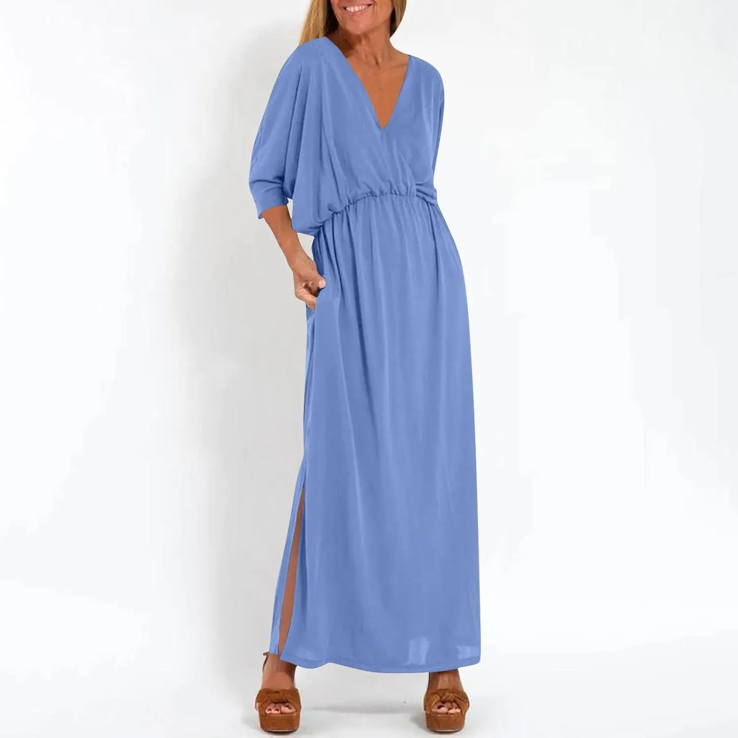 Women's Summer 3/4 Sleeve Maxi Dress Casual High Waist Side Split Wrap V Neck Beach Party Long Dresses with Pockets