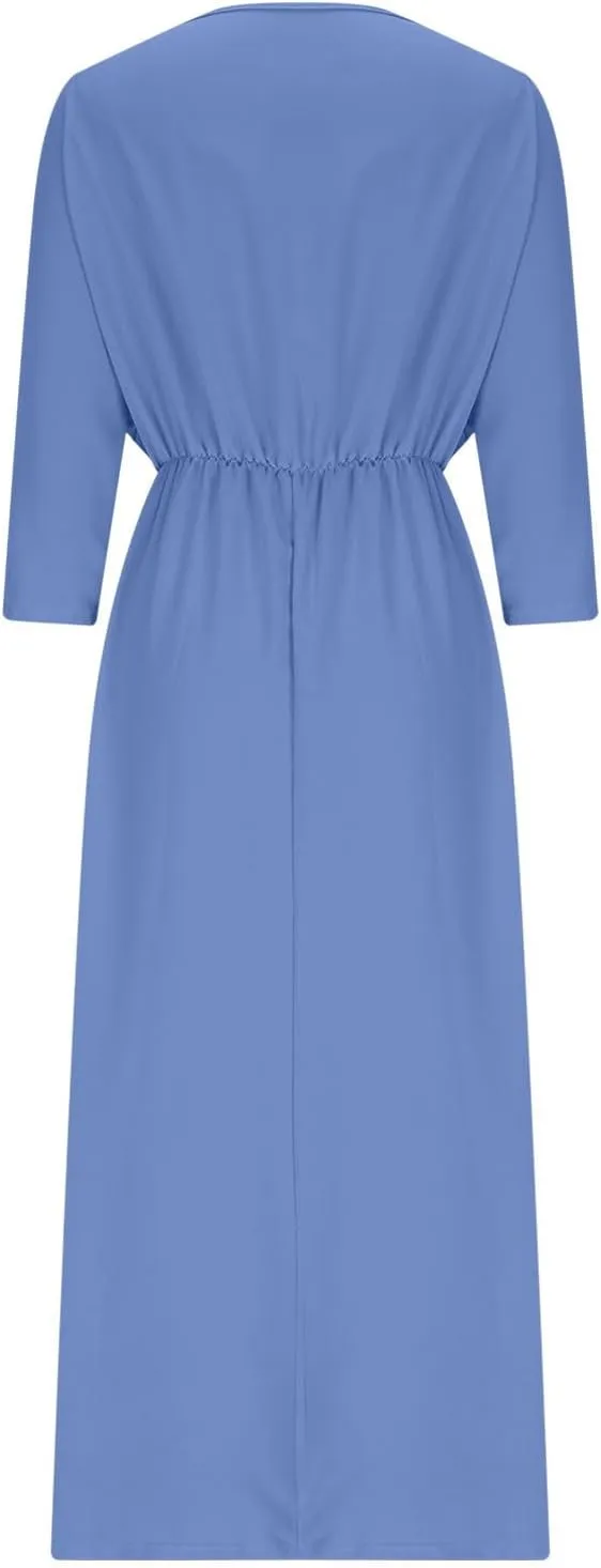Women's Summer 3/4 Sleeve Maxi Dress Casual High Waist Side Split Wrap V Neck Beach Party Long Dresses with Pockets