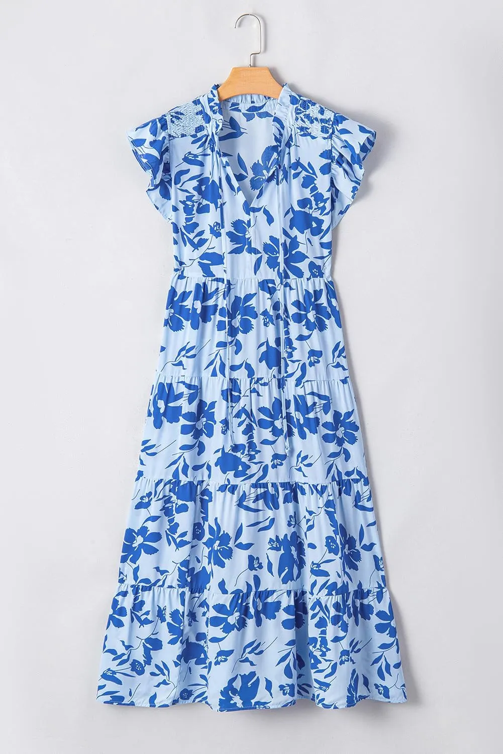 Womens Summer Dresses 2025 Sundress Sky Blue Floral Print Tiered Frilled Trim Flutter Sleeve Maxi Dress