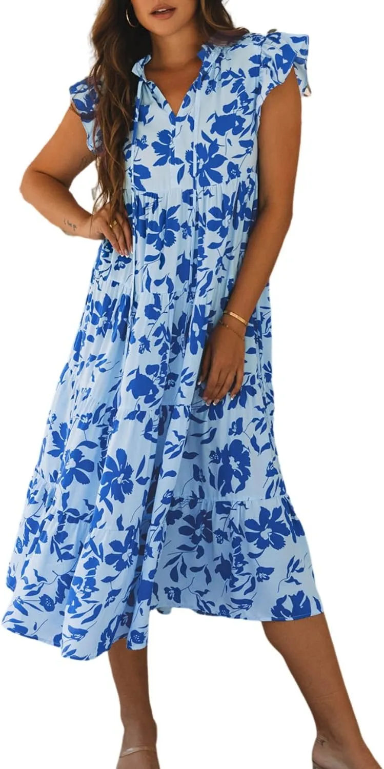 Womens Summer Dresses 2025 Sundress Sky Blue Floral Print Tiered Frilled Trim Flutter Sleeve Maxi Dress