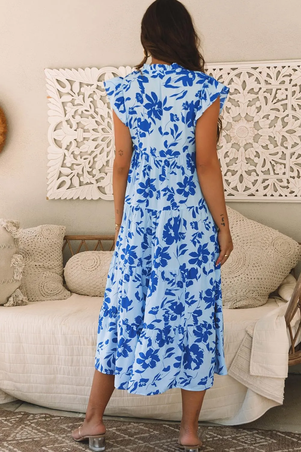 Womens Summer Dresses 2025 Sundress Sky Blue Floral Print Tiered Frilled Trim Flutter Sleeve Maxi Dress