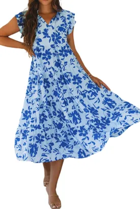 Womens Summer Dresses 2025 Sundress Sky Blue Floral Print Tiered Frilled Trim Flutter Sleeve Maxi Dress