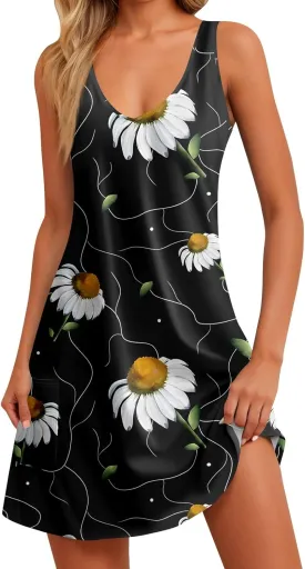Womens Summer Dresses Sleeveless Vacation Swimsuit Coverup Beach Printed Sundress Casual 2025 Dress with Pocket