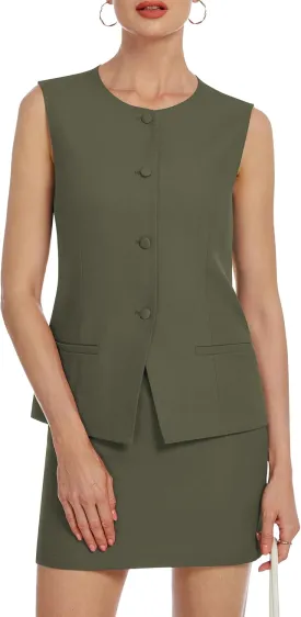 Womens Two Piece Blazer Outfits Skirt Set Button Down Vest Short Skort Crew Neck Summer Business Casual Suit