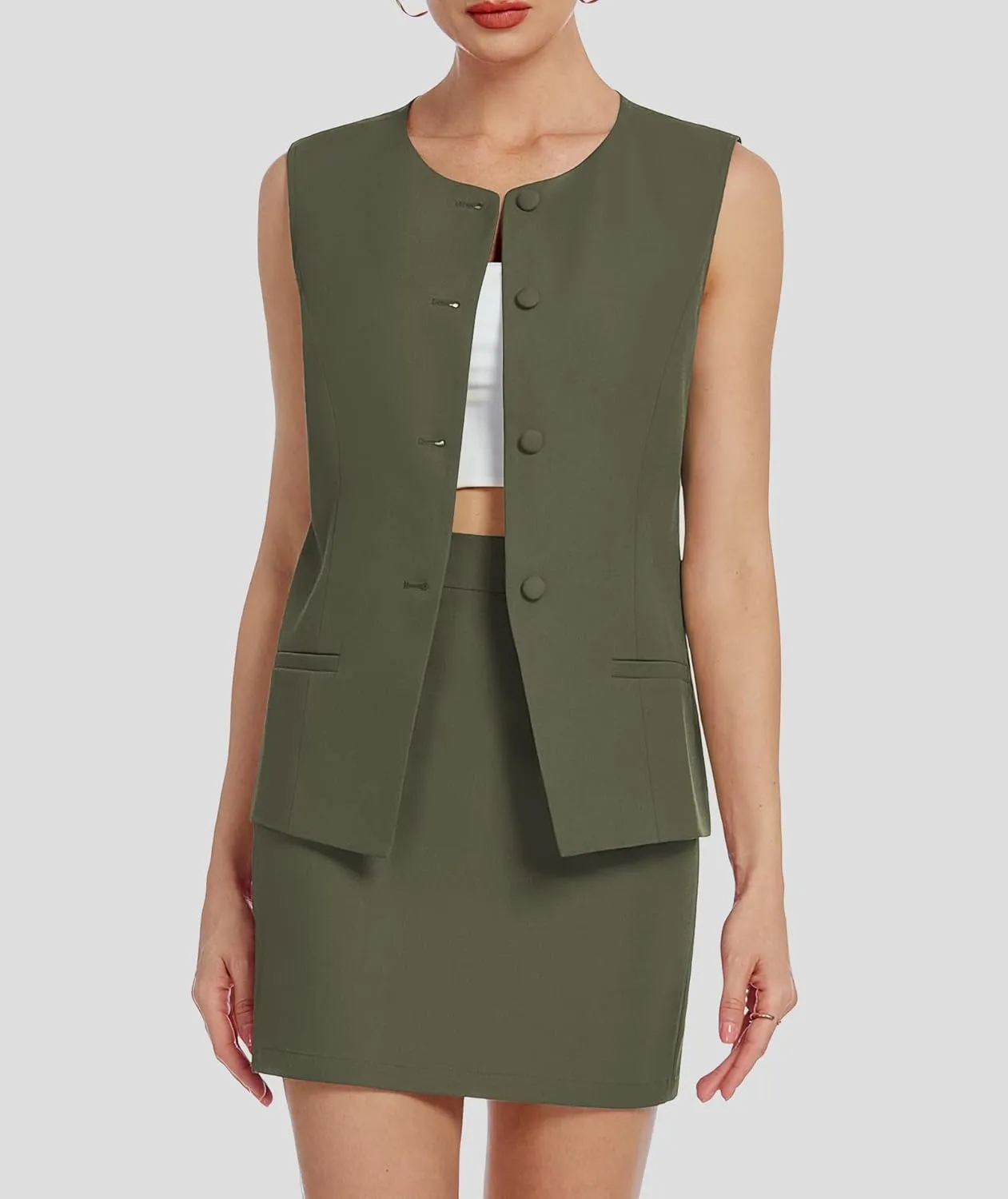 Womens Two Piece Blazer Outfits Skirt Set Button Down Vest Short Skort Crew Neck Summer Business Casual Suit