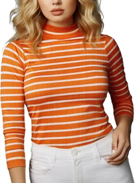 Zengjo Striped Turtleneck Women Long Sleeve Shirt - Fitted Ribbed Mock Neck Basic Layering Undershirt