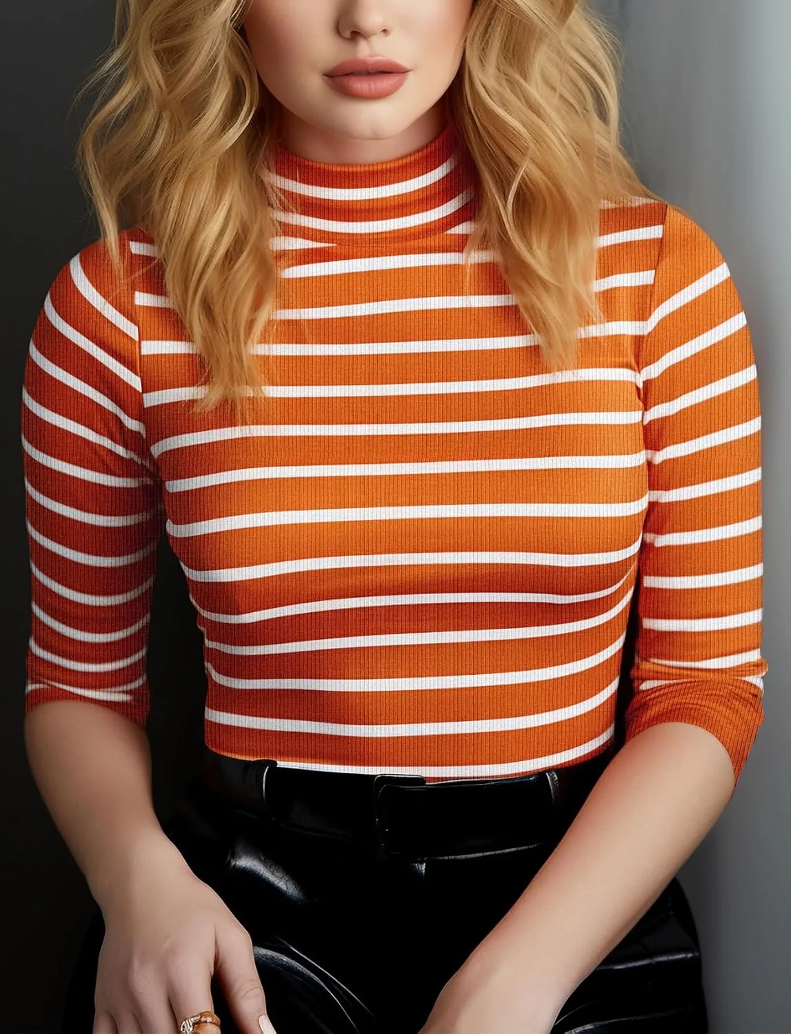 Zengjo Striped Turtleneck Women Long Sleeve Shirt - Fitted Ribbed Mock Neck Basic Layering Undershirt
